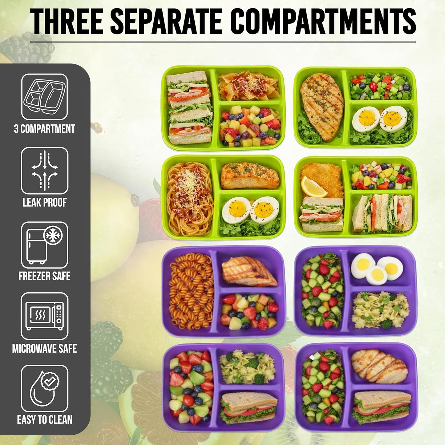 Neez 2-Pack Reusable Bento Box Lunch Containers- 3 Compartment Divided Lunch Organizer, Meal Prep Lunch Box with Lids, Microwave Safe & Sectioned Food Containers(48oz Green & Purple)