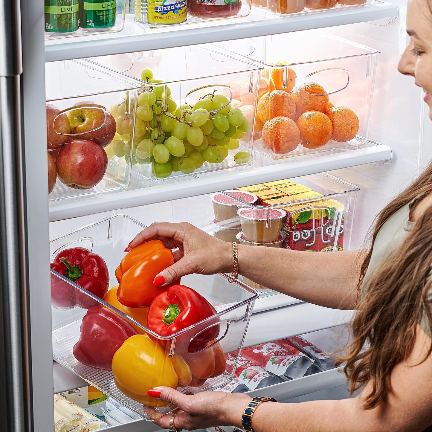 Clear Refrigerator Organizer Bins - Plastic Fridge Organizers - Storage Containers for Organizing Pantry, Cupboard, Cabinet, Freezer, Food, Fruit, Kitchen, Bathroom - Refrigerator Storage Bin set of 4