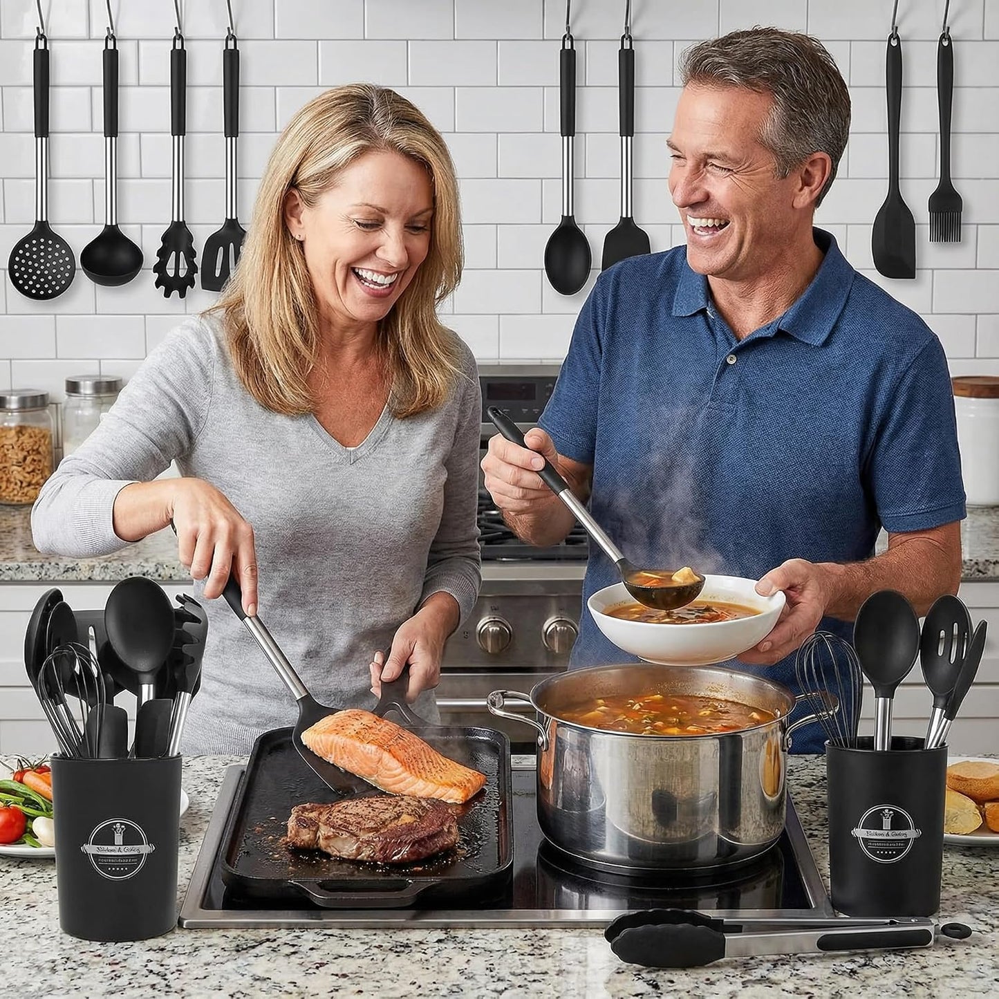 KSENDALO Cooking Utensils Set of 26 - Non Toxic Black Silicone Kitchen Utensils Set with Spoons, Heat Resistant Tong, Whisk & Holder, Dishwasher Safe