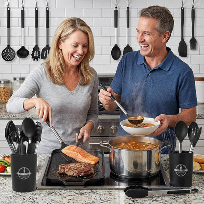 KSENDALO Cooking Utensils Set of 26 - Non Toxic Black Silicone Kitchen Utensils Set with Spoons, Heat Resistant Tong, Whisk & Holder, Dishwasher Safe