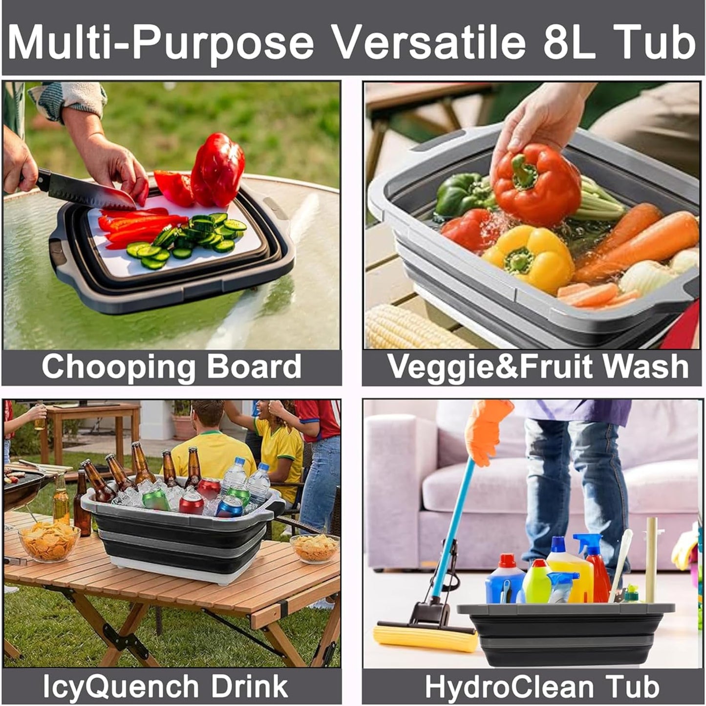 Collapsible BBQ Prep Tub 8L Black | Portable Meat Marinating Container with Locking Cutting Board Lid, BBQ Tongs, 2 Meat Shredding Claws & 2 Heat-Resistant Grill Gloves for Camping & Grilling