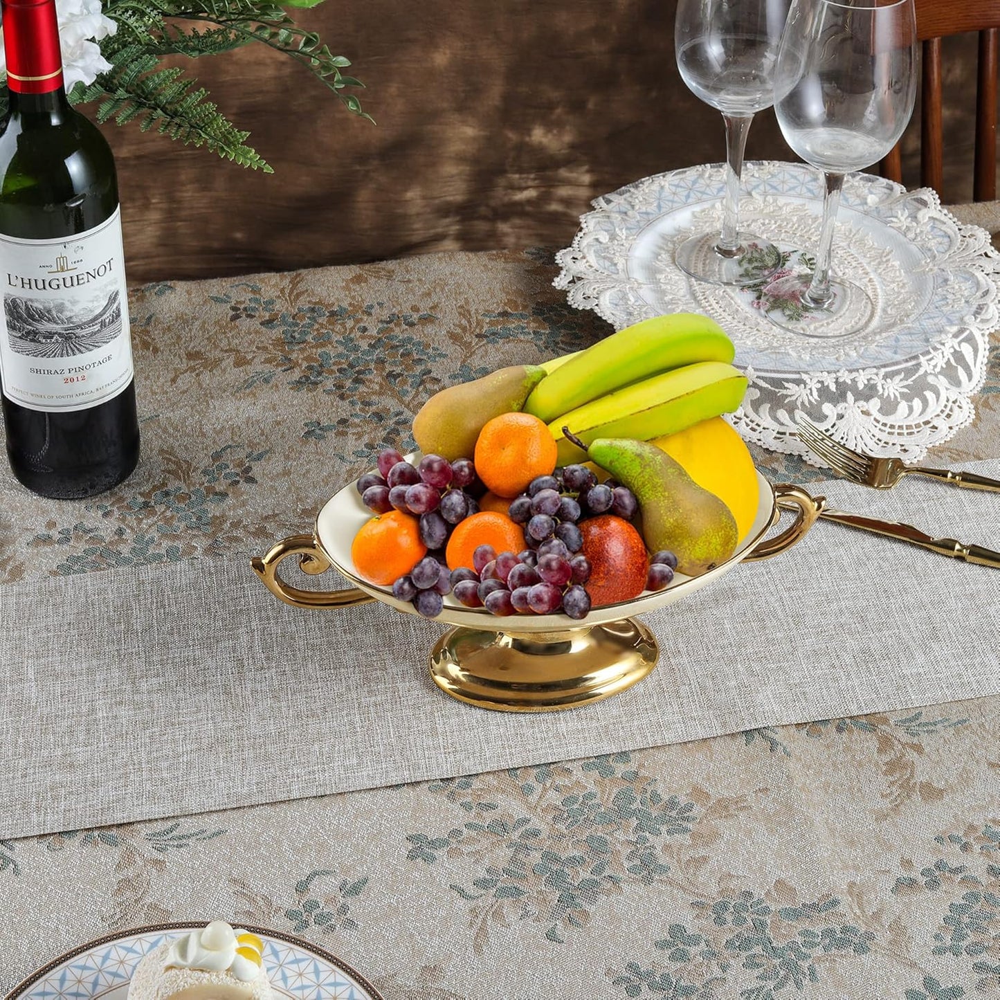 fanquare 3 Compartment Platter, Gold Porcelain Appetizer Serving Tray, Floral Ceramic Divided Serving Plate for Fruit, Candy, Nuts