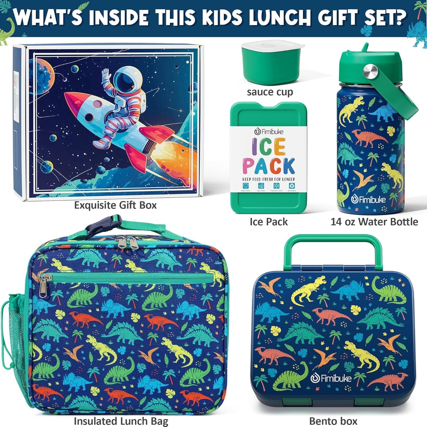 Fimibuke Bento Lunch Box for Kids - Toddler Snack Bento Box Container with 3 Compartments, Stainless Steel Water Bottle, Insulated Lunch Bag, Ice Pack Set for Ages 3-12 Girl Boy Daycare Back to School
