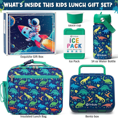 Fimibuke Bento Lunch Box for Kids - Toddler Snack Bento Box Container with 3 Compartments, Stainless Steel Water Bottle, Insulated Lunch Bag, Ice Pack Set for Ages 3-12 Girl Boy Daycare Back to School