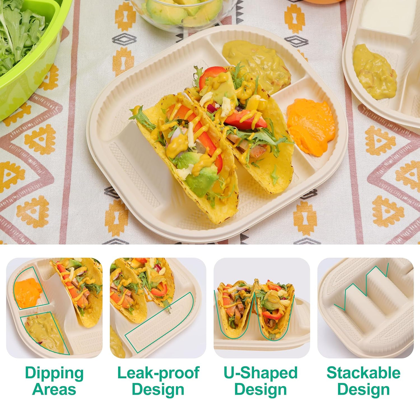 50-Pack Disposable Taco Plates for 2 Tacos & 2 Sides - For Most 4-6 IN Small Hard Shells - Biodegradable Cornstarch Holder Plates - Microwave Safe - Ideal for Fiesta, Bar, Party