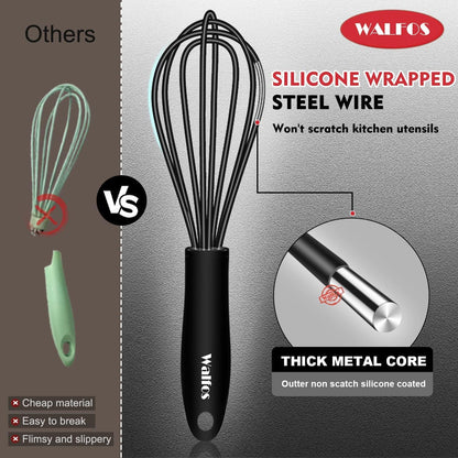 Walfos Silicone Whisk,Stainless Steel Wire Whisk -Heat Resistant 480°F Kitchen Whisks for Non-stick Cookware,Balloon Egg Beater Perfect for Blending,Whisking,Beating,Frothing & Stirring,Black