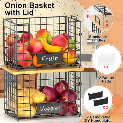 2 Pack Stackable Wire Baskets with Bamboo Top for Pantry Organizers and Storage, XXL Kitchen Organization Counter Basket for Fruit, Vegetable, Produce, Bread, Potato and Onion Storage Bins