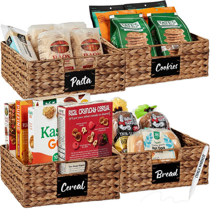 Best Choice Products Set of 4 9x12in Water Hyacinth Pantry Baskets, Woven Organizers w/Chalkboard Label, Chalk Marker - Natural
