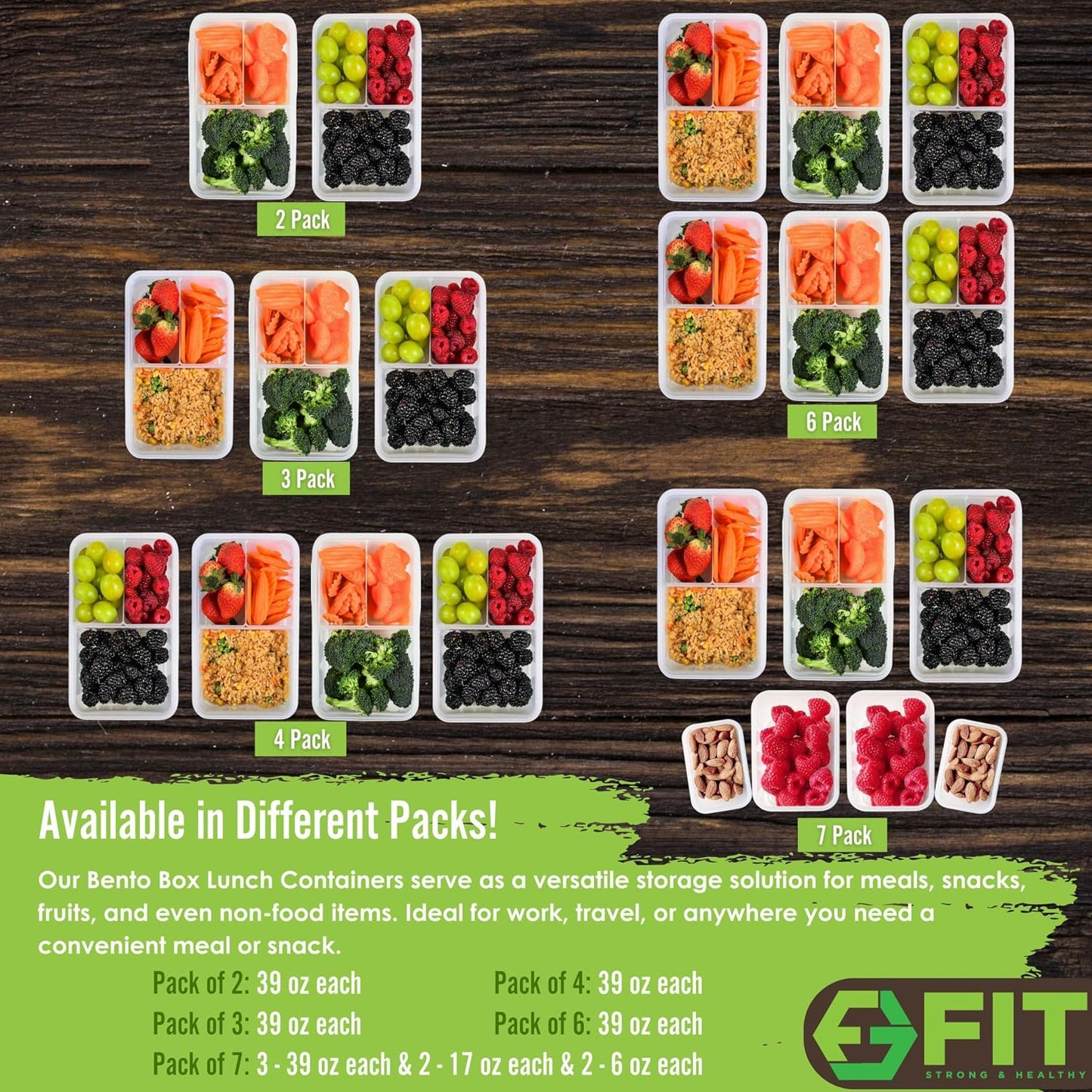 Bento Box for Kids and Adults - Reusable Lunch Box Meal Prep Containers - 3 Compartment Snack Box Container with Airtight Lid - Dishwasher, Freezer, Microwave Safe Food Snack Storage (39 oz, 7 Pack)