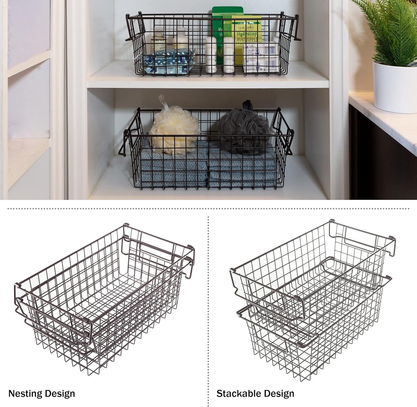 Home-Complete 2 pcs Medium Stackable Wire Baskets, 16"x12" Organizer Stacking Storage Bins for Shelf, Pantry, Kitchen, Cabinets, can also be used in Chest Freezers (Brown)