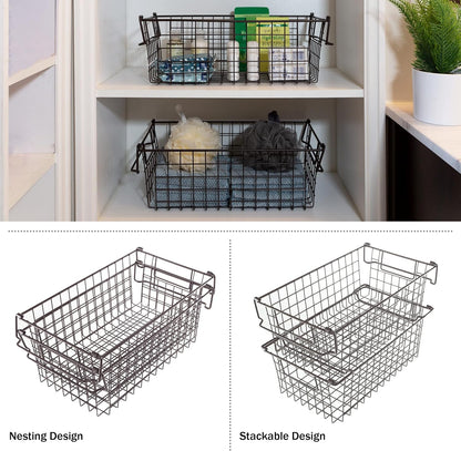 Home-Complete 2 pcs Medium Stackable Wire Baskets, 16"x12" Organizer Stacking Storage Bins for Shelf, Pantry, Kitchen, Cabinets, can also be used in Chest Freezers (Brown)