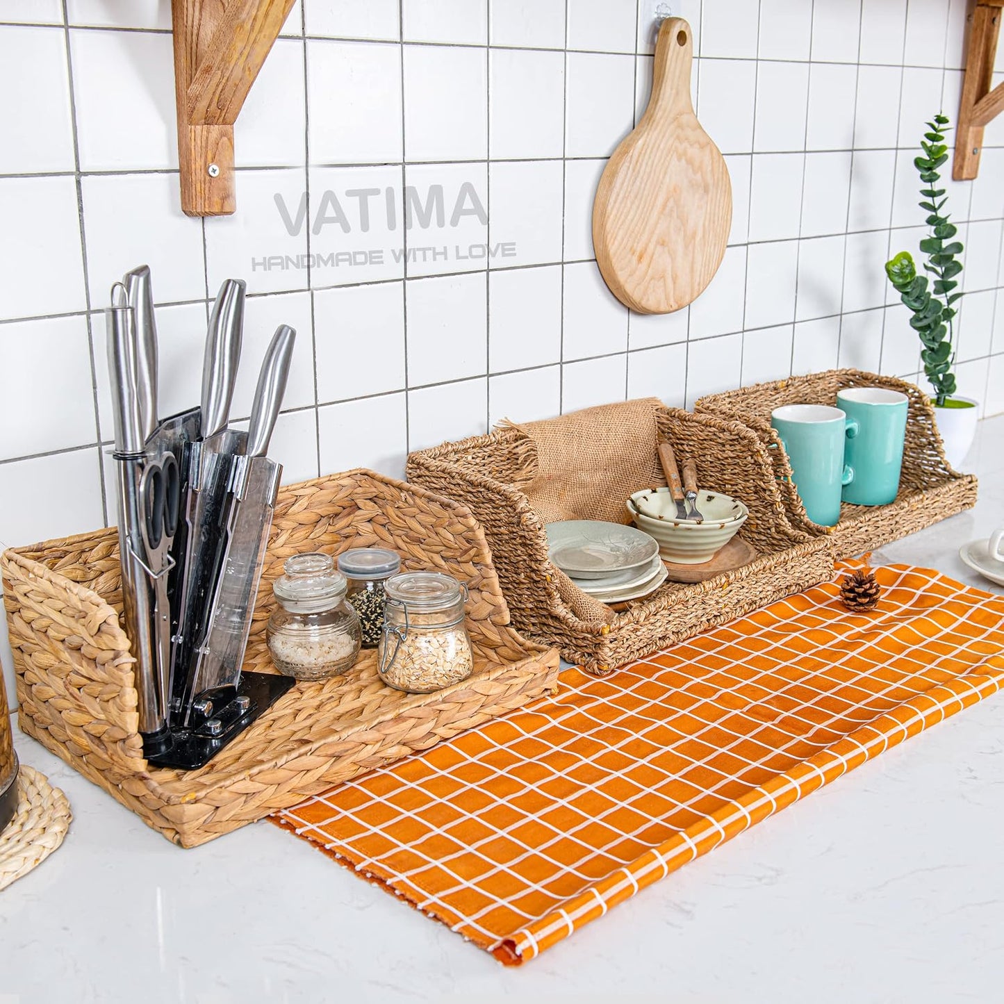 VATIMA Water Hyacinth Storage Baskets with Large Open-Front for Kitchen, Decorative for Living Room, 13.4” x 9.5” x 5.5”, 2 Pack