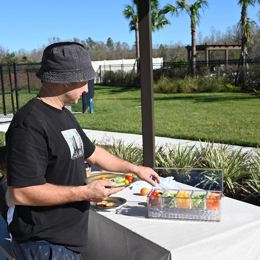 Ice Chilled 5 Compartment Condiment Serving Tray; Condiment Caddy with 5 Removable Containers; Cold Serving Trays for Food Party; Bar Accesories Fruit and Salad Caddy with Lid