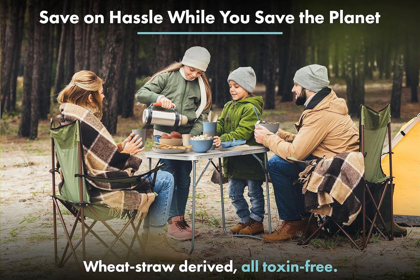 FOODLE Wheat Straw Dinnerware Set - BPA Free & Safety Tested - Microwave & Dishwasher Safe Dishes - Perfect for Camping, Picnic, RV, Dorm - Plates, Cups and Bowls - Great for Kids & Adults - For 4