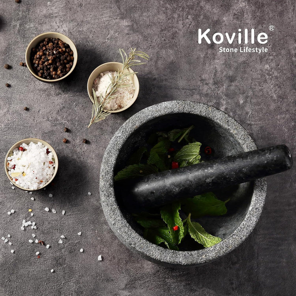 Koville Luxury Marble Mortar and Pestle Set, 7"-4cups Grinder Bowl for Guacamole, Salsa, Pill Crusher, Spice, Herb, Garlic, Nut, Heavy Duty Grinder for Kitchen