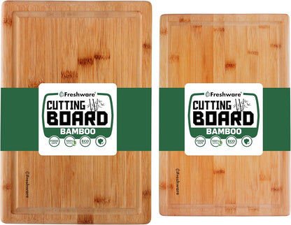 Freshware Wood Cutting Boards for Kitchen - Bamboo Cutting Board Set of 3, Cutting Boards with Juice Grooves, Serving Board Set, Chopping Board for Meat, Veggie, Easy Grip Handle (9x6", 12x8", 15x10")