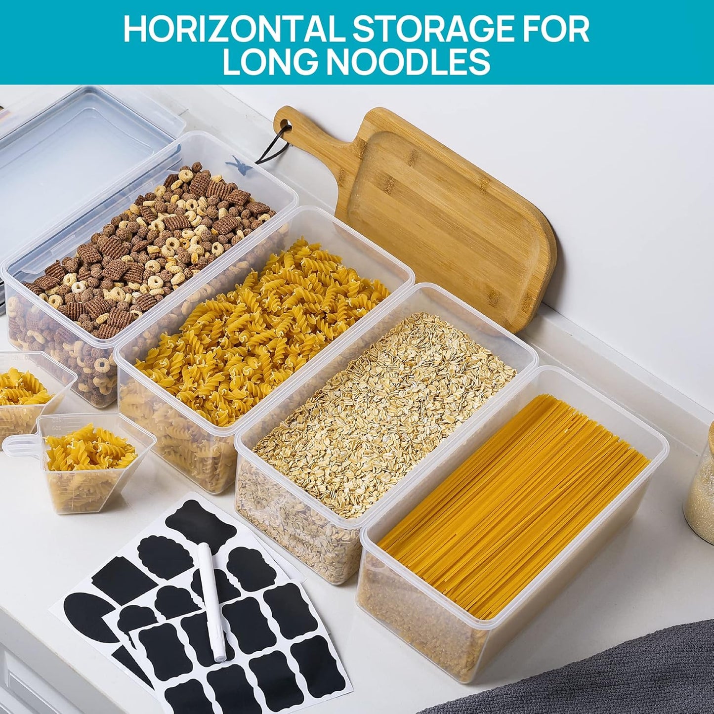 Vtopmart Airtight Food Storage Containers with Lids 4PCS Set 3.2L, Plastic Spaghetti Canisters for Pasta organizer, BPA Free Air Tight Kitchen Pantry Organization