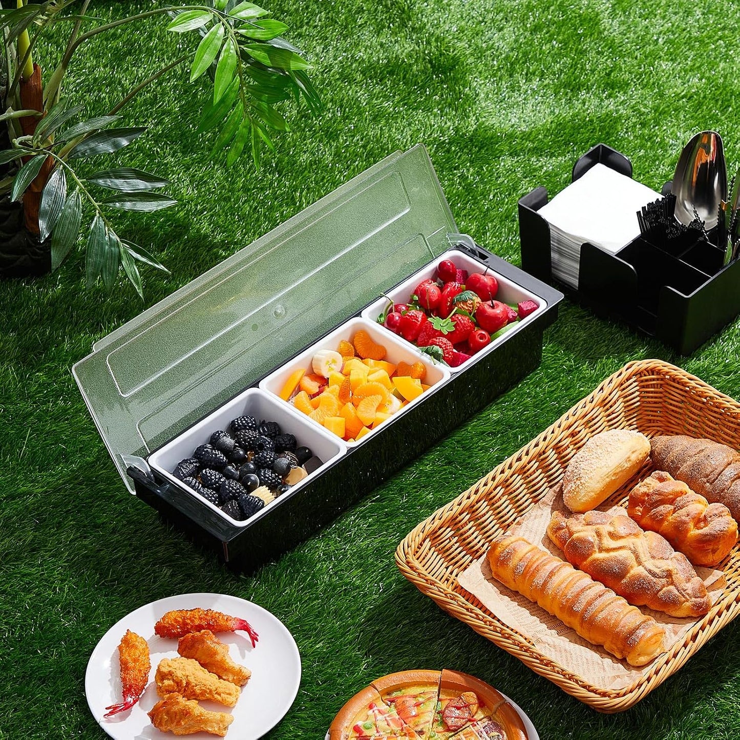 Tessco for you Garnish Tray with Lid Bar Caddy Ice Cooled Condiment Serving Container with Ice Scoop Metal Mini Serving Tongs Fruit Fork Spoons for Food Home Party Kitchen(Plastic,6 Grids)