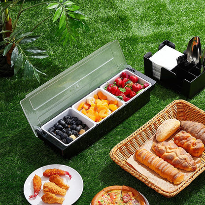 Tessco for you Garnish Tray with Lid Bar Caddy Ice Cooled Condiment Serving Container with Ice Scoop Metal Mini Serving Tongs Fruit Fork Spoons for Food Home Party Kitchen(Plastic,6 Grids)