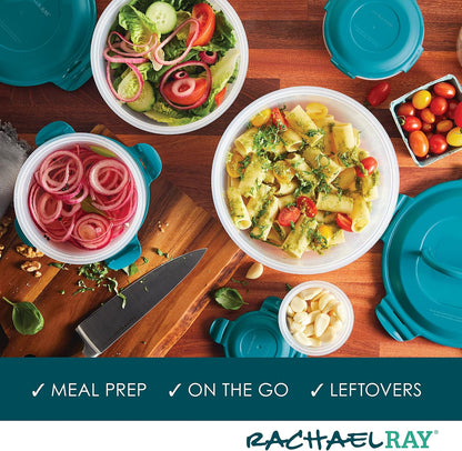 Rachael Ray Leak-Proof Nestable Container Food Storage Bin Set, 10-Piece, Clear with Teal Lids