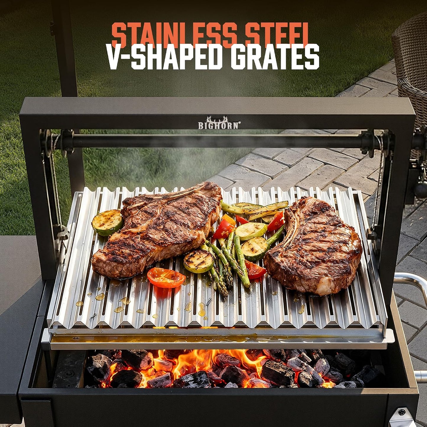 BIG HORN Santa Maria Grill, Argentine Parrilla Grill with Adjustable Height Grate, Wood Fire & Charcoal BBQ Grill, Large Outdoor Open Fire Grill with Storage for Patio & Backyard