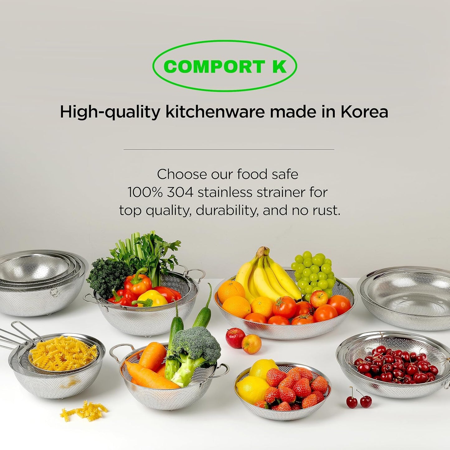 Premium 18/8 304 Stainless Steel Micro-Perforated Small and Big Colander Set of 4 with rings - 3.5-5.5-7.5-9.5 Quart Set, Self-Draining Solid Base for Pasta, Fruits, Vegetables