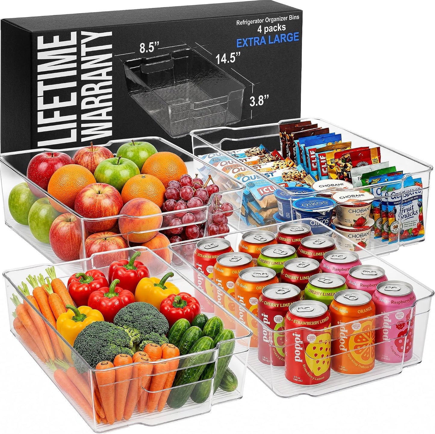 Zulay Kitchen 4 Pack Refrigerator Organizer Bins – Large Clear Fridge Storage Containers with Built-In Handles & Non-Slip Feet - Ideal Fridge Organizers, Kitchen Cabinets, Pantry Organization