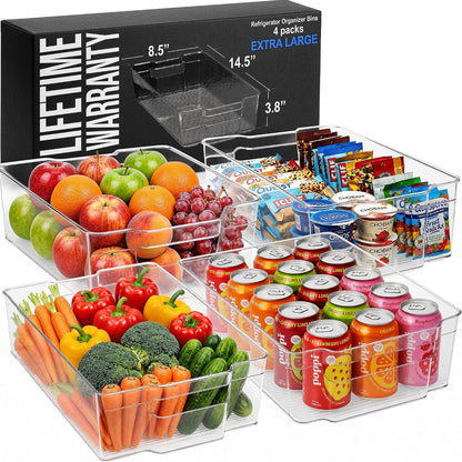 Zulay Kitchen 4 Pack Refrigerator Organizer Bins – Large Clear Fridge Storage Containers with Built-In Handles & Non-Slip Feet - Ideal Fridge Organizers, Kitchen Cabinets, Pantry Organization
