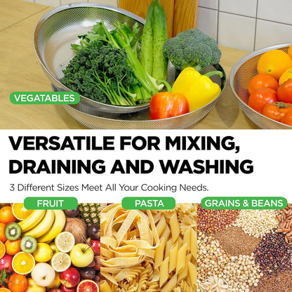 Premium 18/8 304 Stainless Steel Micro-Perforated Small and Big Colander Set of 4 with rings - 3.5-5.5-7.5-9.5 Quart Set, Self-Draining Solid Base for Pasta, Fruits, Vegetables