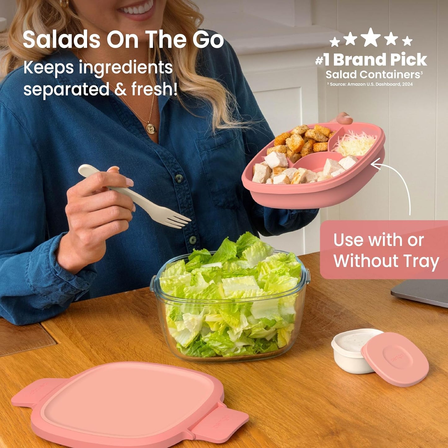 Bentgo Glass Salad Container - 7.6-Cup Salad Bowl with Airtight Lid, Leak-Proof Sauce Container, 4-Compartment Bento Tray & Reusable Fork - BPA-Free for Meal Prep, Office & More (Light Blue)