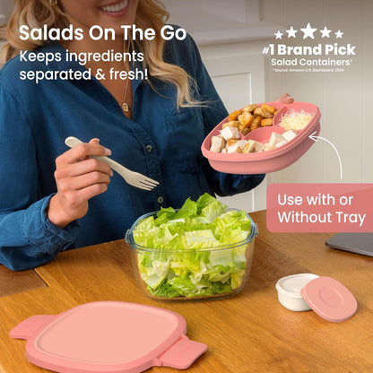 Bentgo Glass Salad Container - 7.6-Cup Salad Bowl with Airtight Lid, Leak-Proof Sauce Container, 4-Compartment Bento Tray & Reusable Fork - BPA-Free for Meal Prep, Office & More (Light Blue)