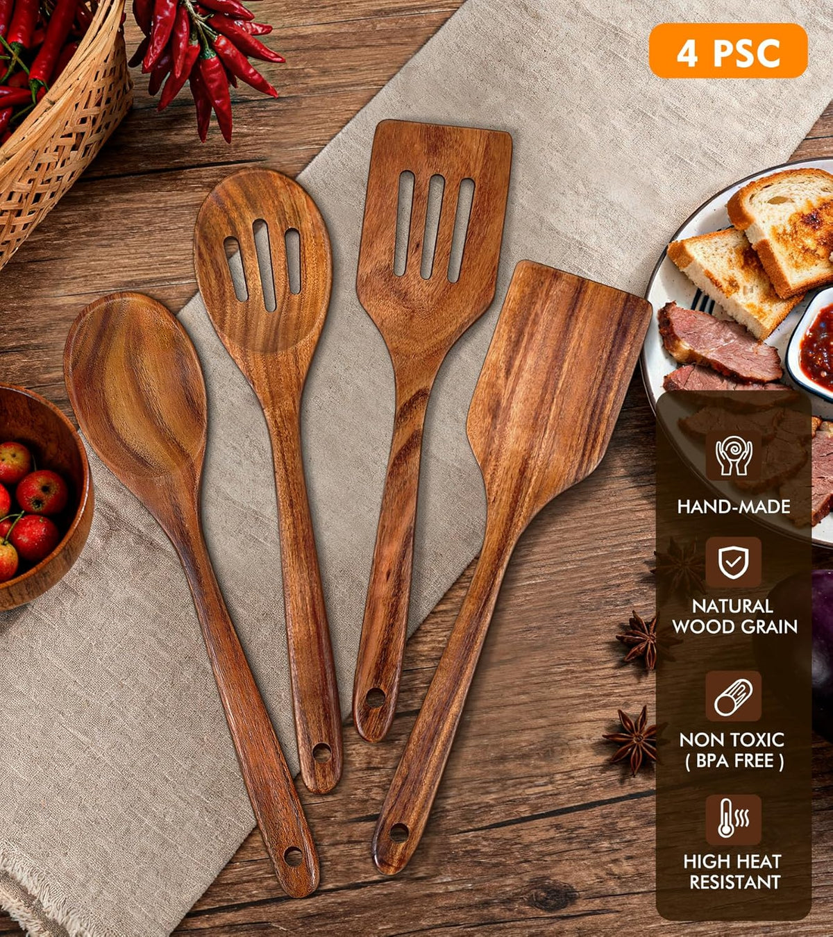 Wooden Spatula, Acacia Solid & Slotted Turner Spatula Set, Long Handle Flat Frying Spatulas, Ideal Kitchen Gift for Mother and Grandma, Kitchen Utensils Set for Cooking, Frying, Baking