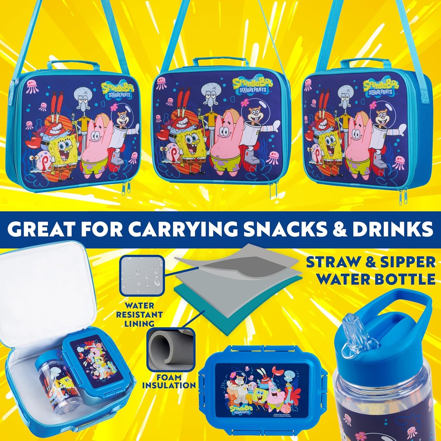Get Trend SpongeBob Squarepants Water Bottle Lunch Box Lunch Bag Kids Set 3 Pcs Insulated Snack Bag for School Travel Gifts for Kids (Blue SpongeBob)