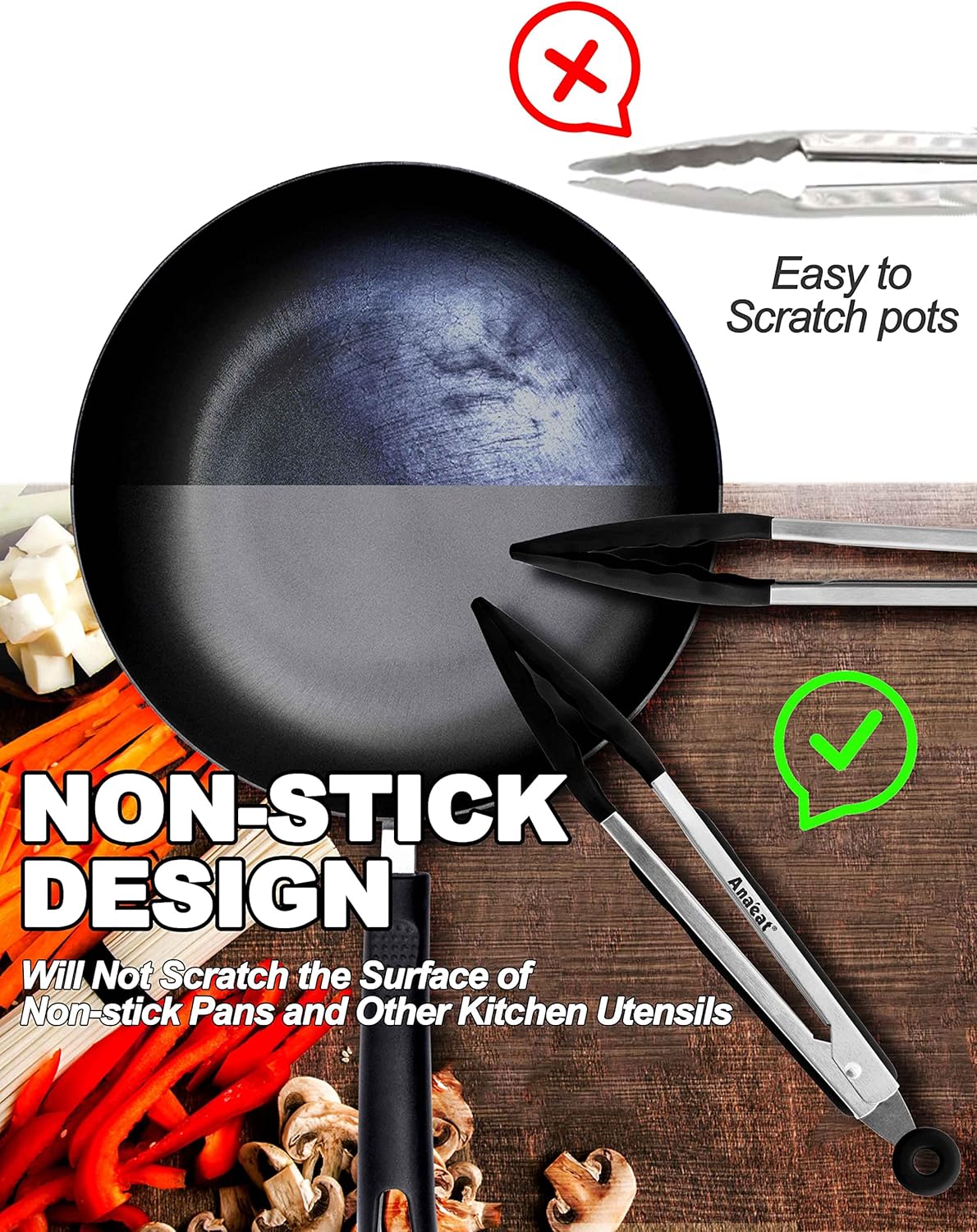 Anaeat Premium Kitchen Locking Tong Set of 3 - Heavy Duty Stainless Steel Food Tongs with Long Handle & Non-Slip Silicone Grip for Cooking, Baking, Grilling - Heat Resistant up to 480°F