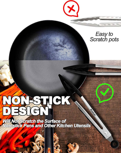 Anaeat Premium Kitchen Locking Tong Set of 3 - Heavy Duty Stainless Steel Food Tongs with Long Handle & Non-Slip Silicone Grip for Cooking, Baking, Grilling - Heat Resistant up to 480°F