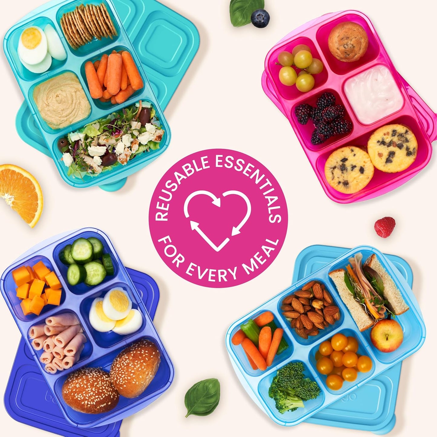 Bentgo Easyboxes - Reusable 5-Compartment Food Containers, Stackable 8-Piece Set, 4 Trays & 4 Lids, BPA-Free Food Storage for Meal Prep, School, & Work; Lunch Boxes with Patented Design (Classic)