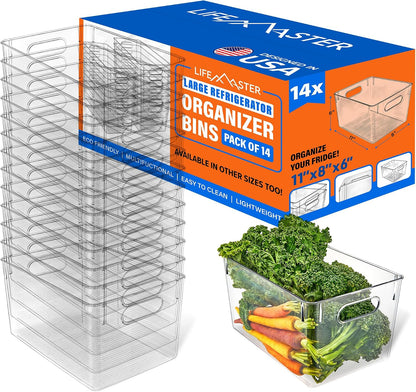 Lifemaster Stackable Refrigerator Bins - Set of 6 Large Capacity Organizers with Easy Grip Handles - Clear and Versatile for Kitchen Storage