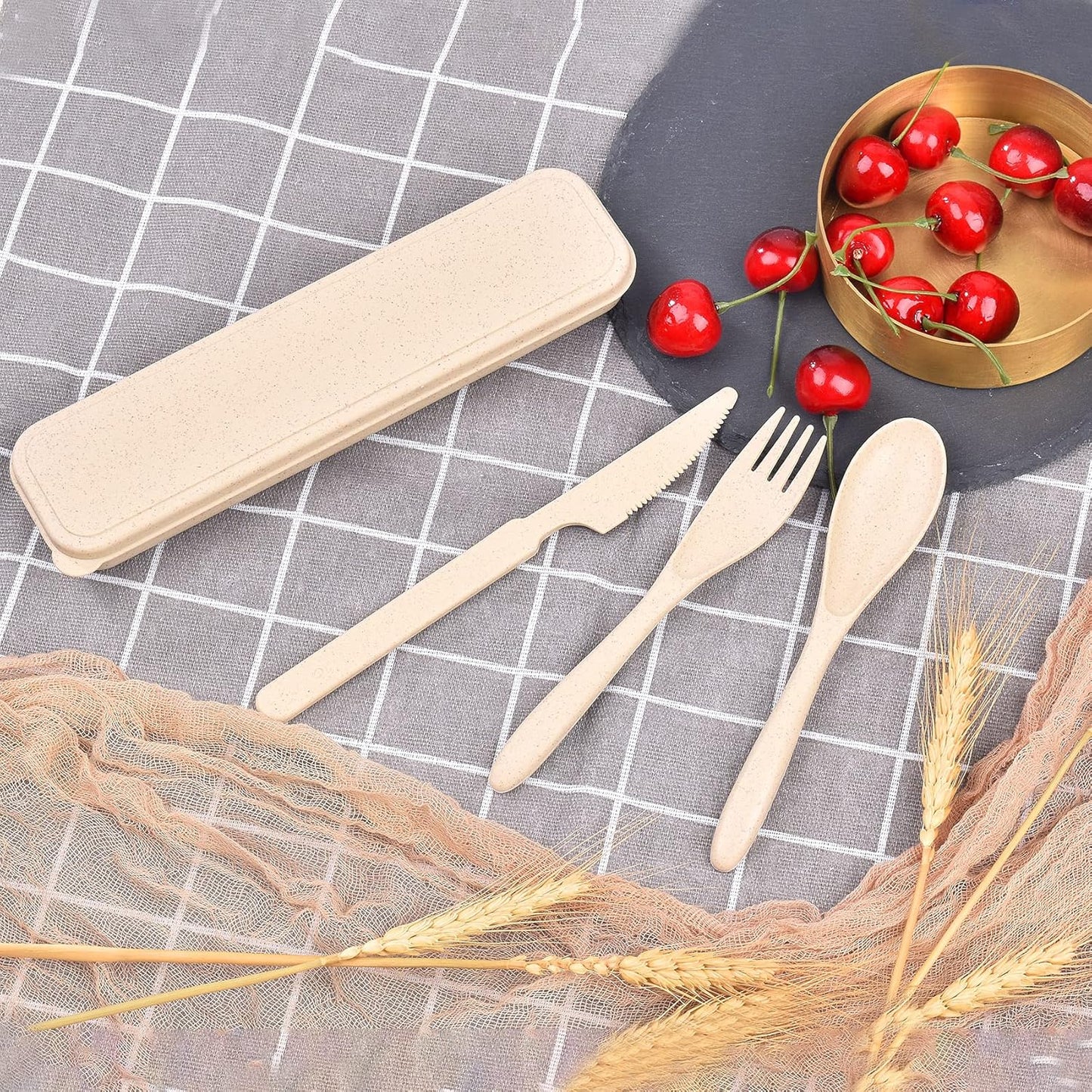 Lnrkai Travel Utensils Set with Case, 4 Sets Wheat Straw Reusable Spoon Knife Forks Tableware, Portable Cutlery Set for Lunch Box Accessories for Adults Travel Picnic Camping or Daily Use