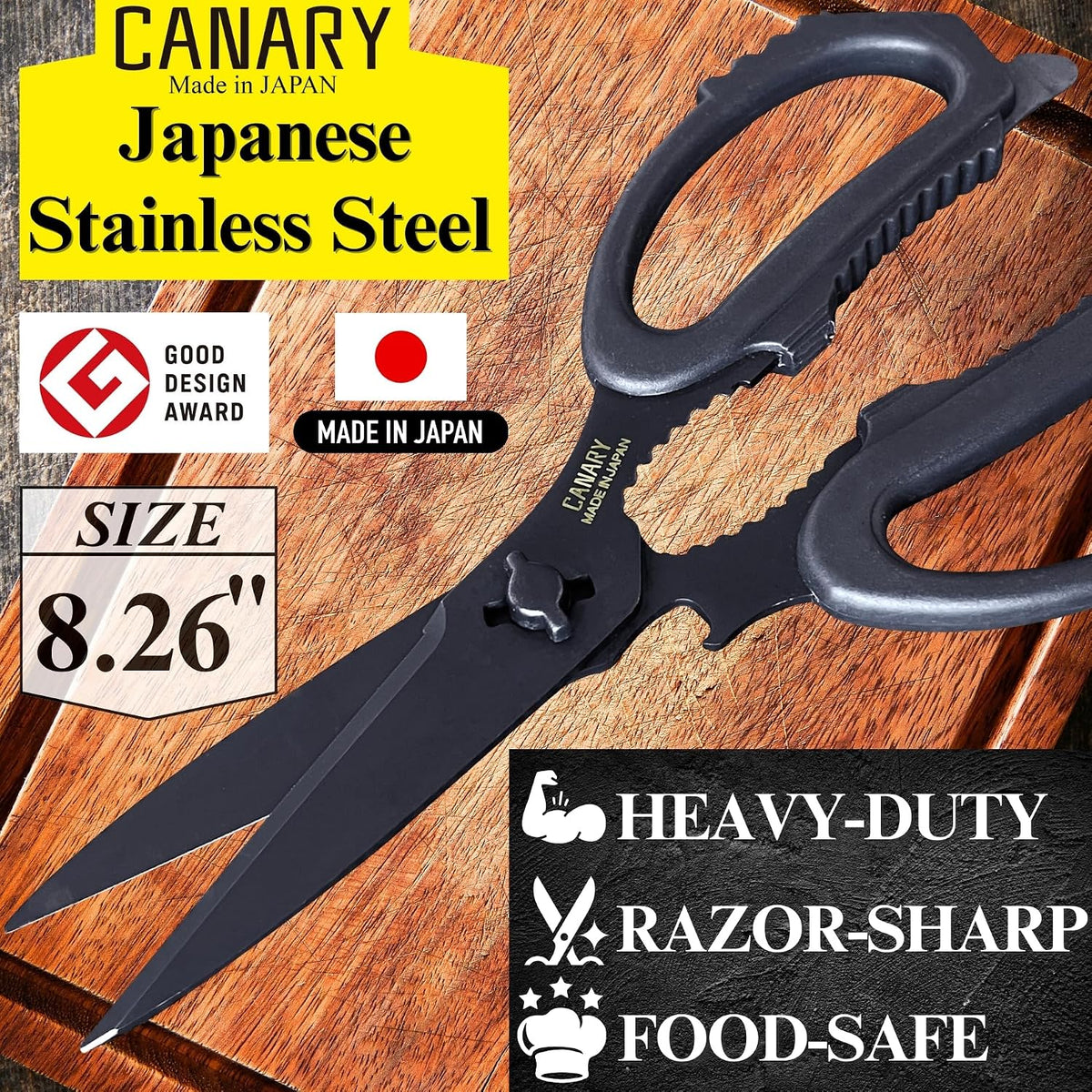 CANARY Japanese Kitchen Scissors Heavy Duty 8.2", Made in JAPAN, Dishwasher Safe Come Apart Blade, Multipurpose Kitchen Scissors, Sharp Serrated Japanese Stainless Steel, Black