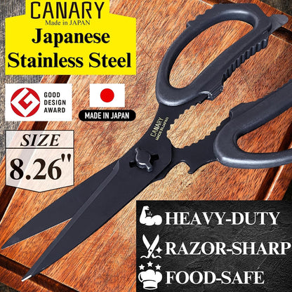 CANARY Japanese Kitchen Scissors Heavy Duty 8.2", Made in JAPAN, Dishwasher Safe Come Apart Blade, Multipurpose Kitchen Scissors, Sharp Serrated Japanese Stainless Steel, Black