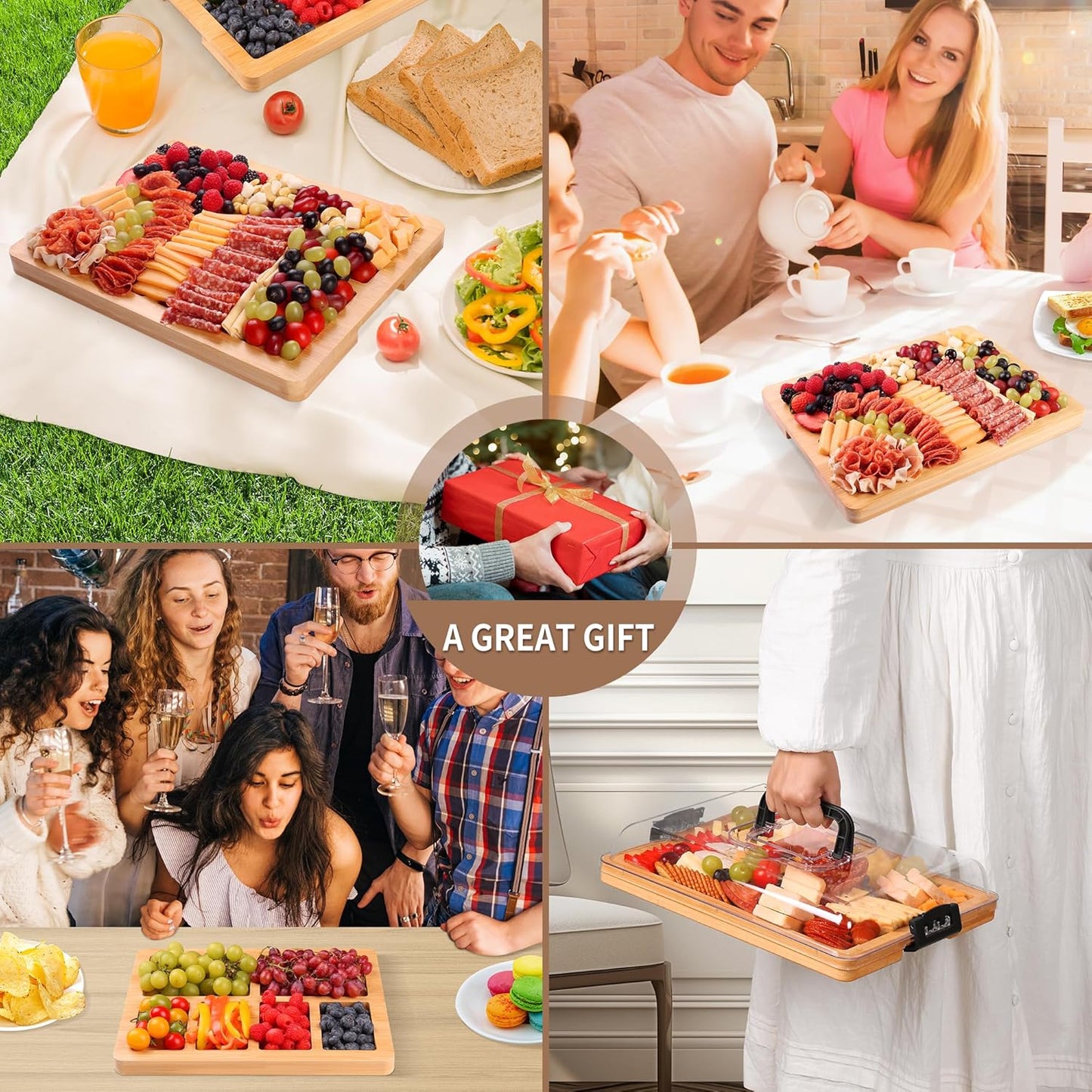 CAWIU Portable Travel Charcuterie Board with Lid and Handle - Large Bamboo Cheese Board with 4 Cheese Knife Set for Outdoor, Picnics - Weddings, House Warming Gift for Women (1 Compartment, White)