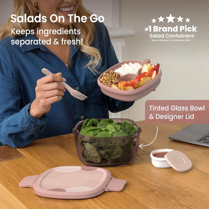 Bentgo Glass Salad Container - 7.6-Cup Salad Bowl with Airtight Lid, Leak-Proof Sauce Container, 4-Compartment Bento Tray & Reusable Fork - BPA-Free for Meal Prep, Office & More (Light Blue)