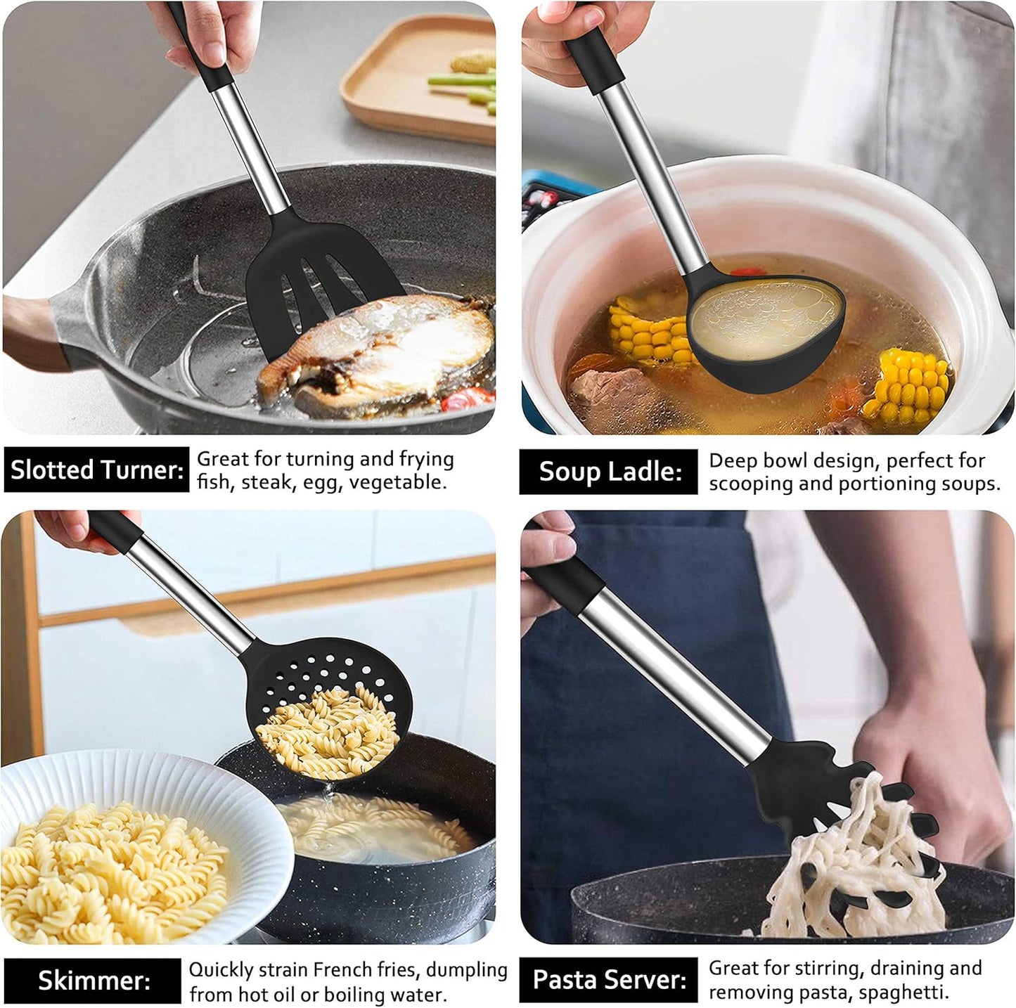 LIANYU 43 Pcs Silicone Kitchen Cooking Utensils with Holder, Heat Resistant Spatula Set with Stainless Steel Handle, Kitchen Cooking Gadgets Tools for Nonstick Cookware Set, Blue