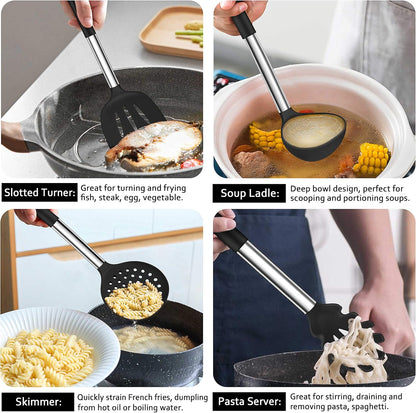 LIANYU 43 Pcs Silicone Kitchen Cooking Utensils with Holder, Heat Resistant Spatula Set with Stainless Steel Handle, Kitchen Cooking Gadgets Tools for Nonstick Cookware Set, Blue
