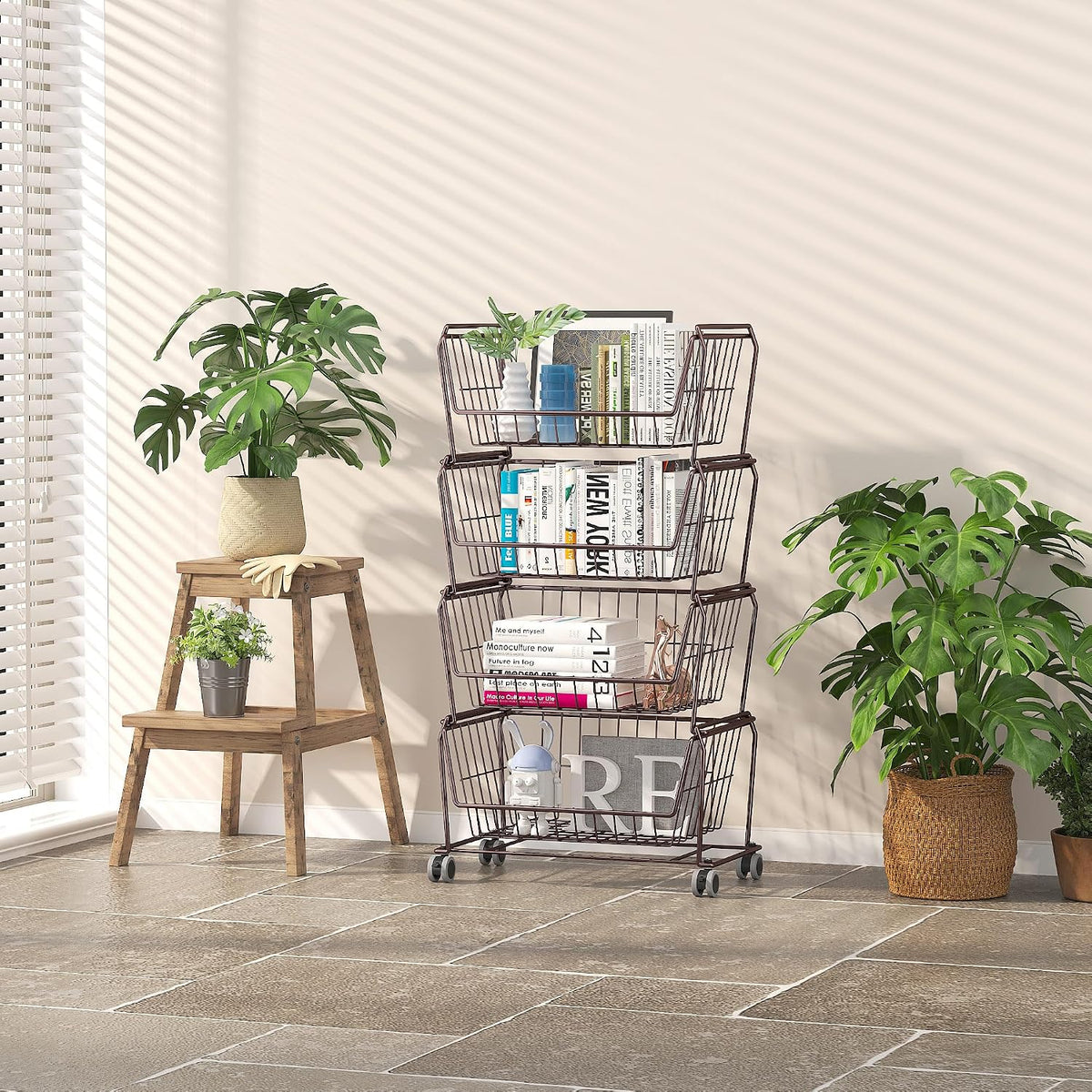 PUSDON 4-Tier Spacious Stackable Wire Storage Baskets with Wheels, Metal Rolling Utility Cart Organizer, Fruit and Vegetable Produce Basket for Kitchen Pantry, Everyday Bathroom Shelf, Silver Grey