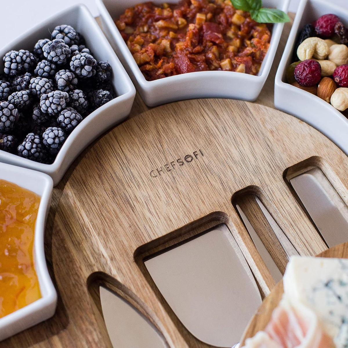 ChefSofi Charcuterie Board Set and Cheese Serving Platter - Made from Bamboo Wood - US Patented 13 inch Cheese Board and Knife Set for Entertaining and Serving - 4 Knives and 4 Bowls