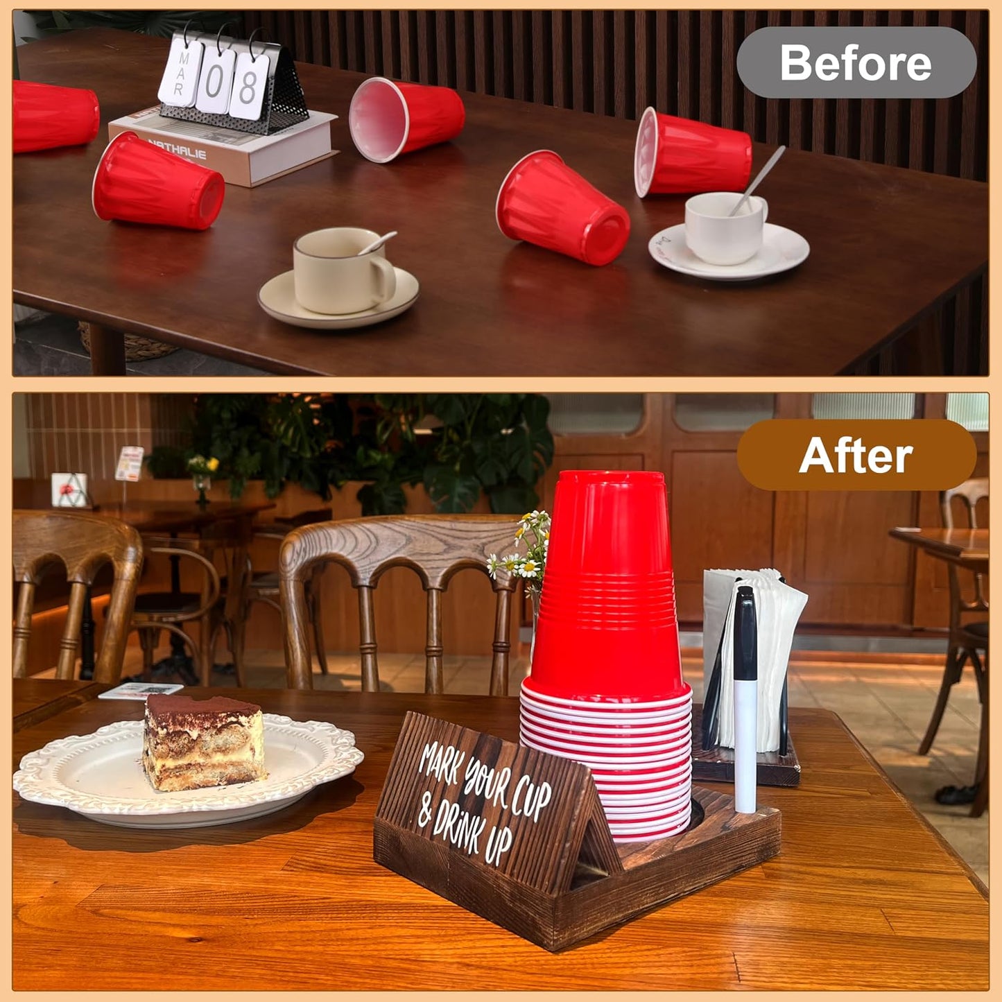 Wooden Brown Party Cup Holder with Marker Slot | Mark Your Cup and Drink Up Cup Holder |Hosting Party Essentials |Disposable Mug Dispenser for Birthday, BBQ, Holiday Events,Housewarming Gift (Brown)