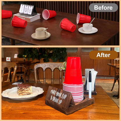 Wooden Brown Party Cup Holder with Marker Slot | Mark Your Cup and Drink Up Cup Holder |Hosting Party Essentials |Disposable Mug Dispenser for Birthday, BBQ, Holiday Events,Housewarming Gift (Brown)