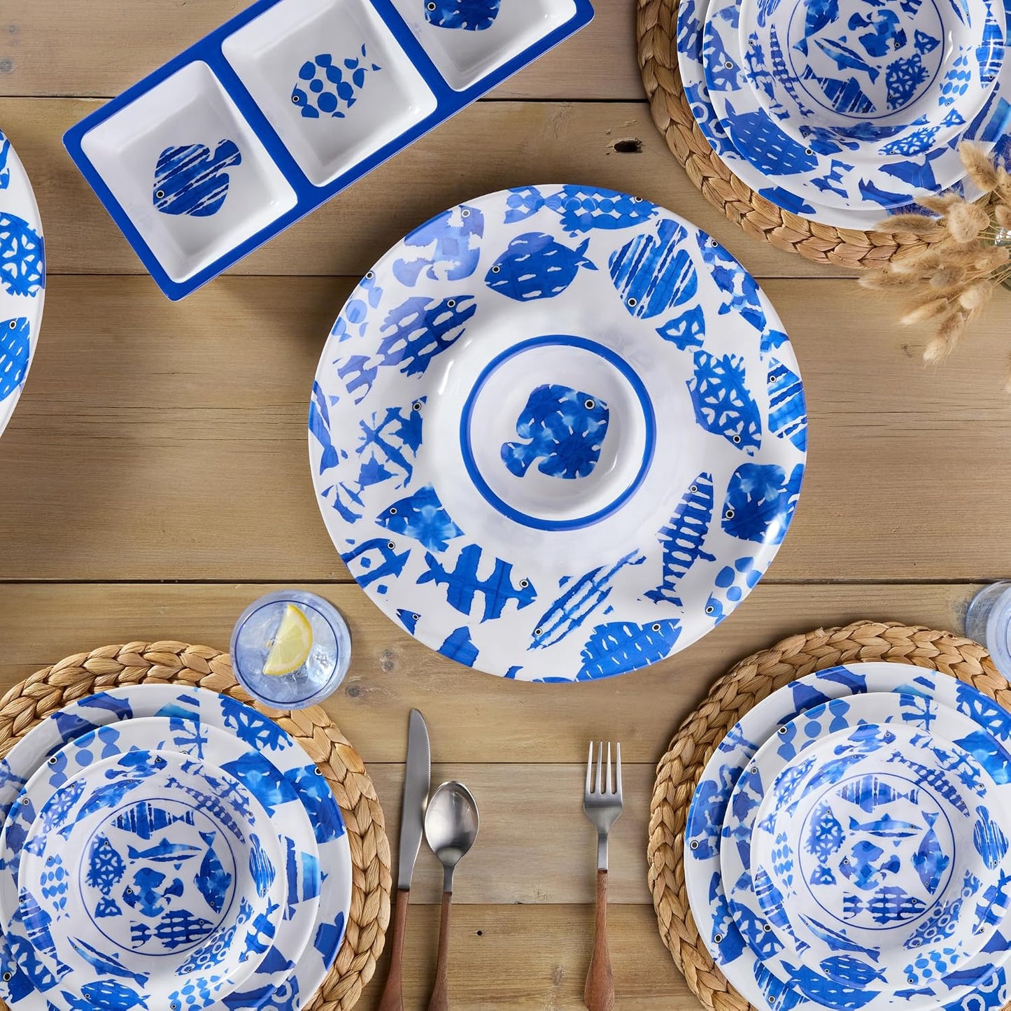 Fish Tale 3pc MELAMINE HOSTESS SET – 14.5" Chip Dip, Relish Tray, 19x8" Platter, Cobalt Fish School Art, Shatterproof Outdoor Entertaining, Poolside Party Serving, Mediterranean Coastal Hospitality
