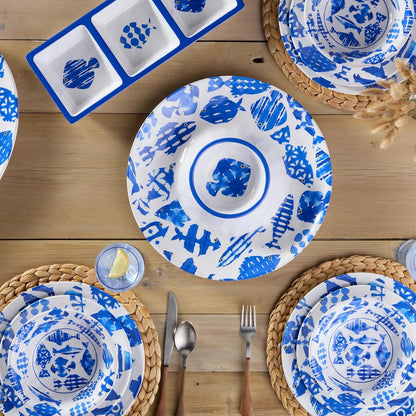Fish Tale 3pc MELAMINE HOSTESS SET – 14.5" Chip Dip, Relish Tray, 19x8" Platter, Cobalt Fish School Art, Shatterproof Outdoor Entertaining, Poolside Party Serving, Mediterranean Coastal Hospitality